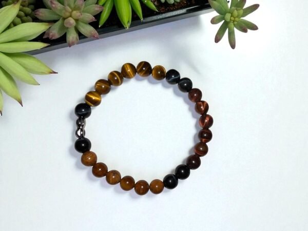 Bracelet Homme – Œil de Tigre, Faucon, Taureau & Bois de Qouq - Pour la protection, force, équilibre mental, intuition, tolérance et courage.